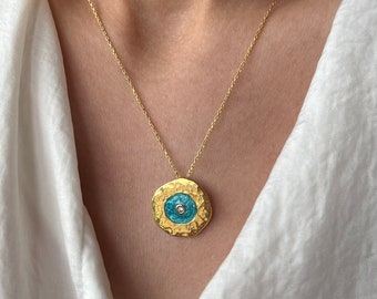 Blue Evil Eye Necklace: 14K Gold Plated Sterling Silver Protection Pendant