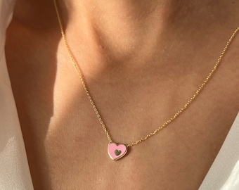 Pink Heart Necklace • 14K Gold Plated • Pink Tiny Heart Necklace • Two Hearts Necklace • Gift for Girlfriend • Love Pendant • Gift for Her