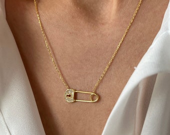 Safety Pin Necklace • 14K Gold Plated • Hasp Pendant • 925 Silver • Infinite Jewelry • Gift for Her • Minimalist Gift for Her