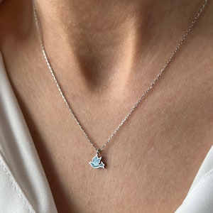 Bird Necklace 14K Gold Plated Blue Enamel Necklace 925 Silver Bird Pendant Cute Jewelry Blue Necklace Blue Bird Gift image 4