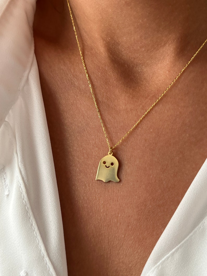 Ghost Necklace 14K Gold Plated Scary Pendant 925 Silver Halloween Jewelry Gift for Kids Minimalist Gift Stylish Jewelry image 1