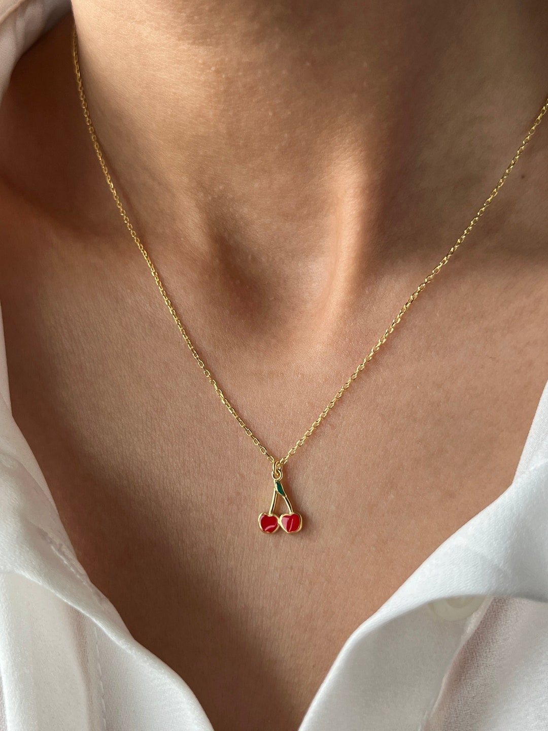 Cherry Necklace 14K Gold Plated Cherry Jewelry Red Cherry Pendant Cute