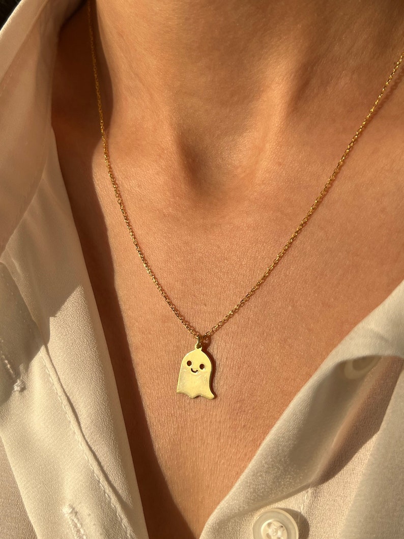 Ghost Necklace 14K Gold Plated Scary Pendant 925 Silver Halloween Jewelry Gift for Kids Minimalist Gift Stylish Jewelry image 3