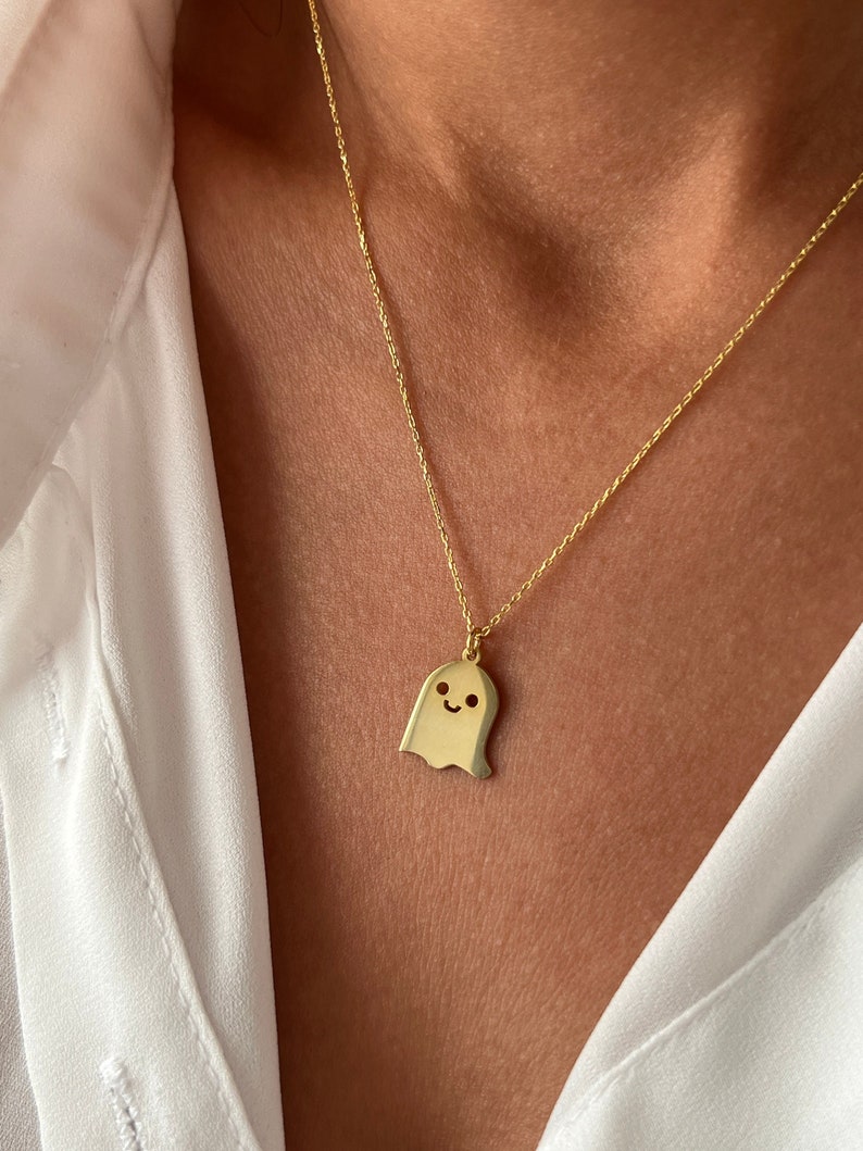 Ghost Necklace 14K Gold Plated Scary Pendant 925 Silver Halloween Jewelry Gift for Kids Minimalist Gift Stylish Jewelry image 2