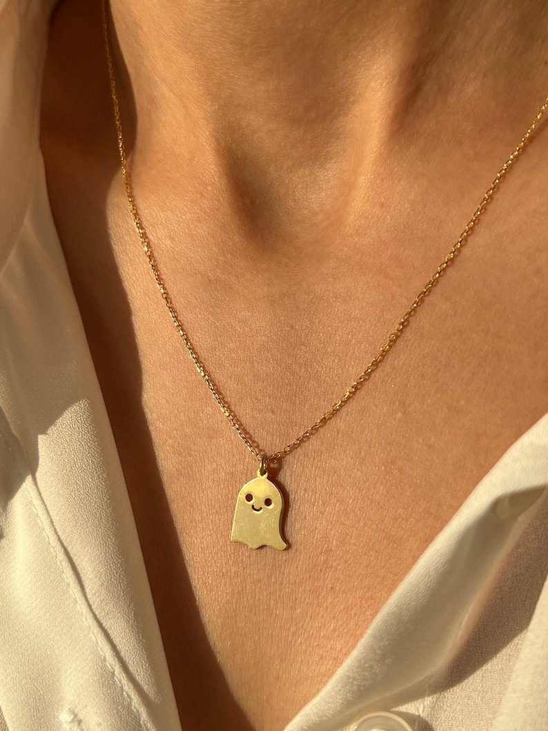 Ghost Necklace 14K Gold Plated Scary Pendant 925 Silver Halloween Jewelry Gift for Kids Minimalist Gift Stylish Jewelry image 6