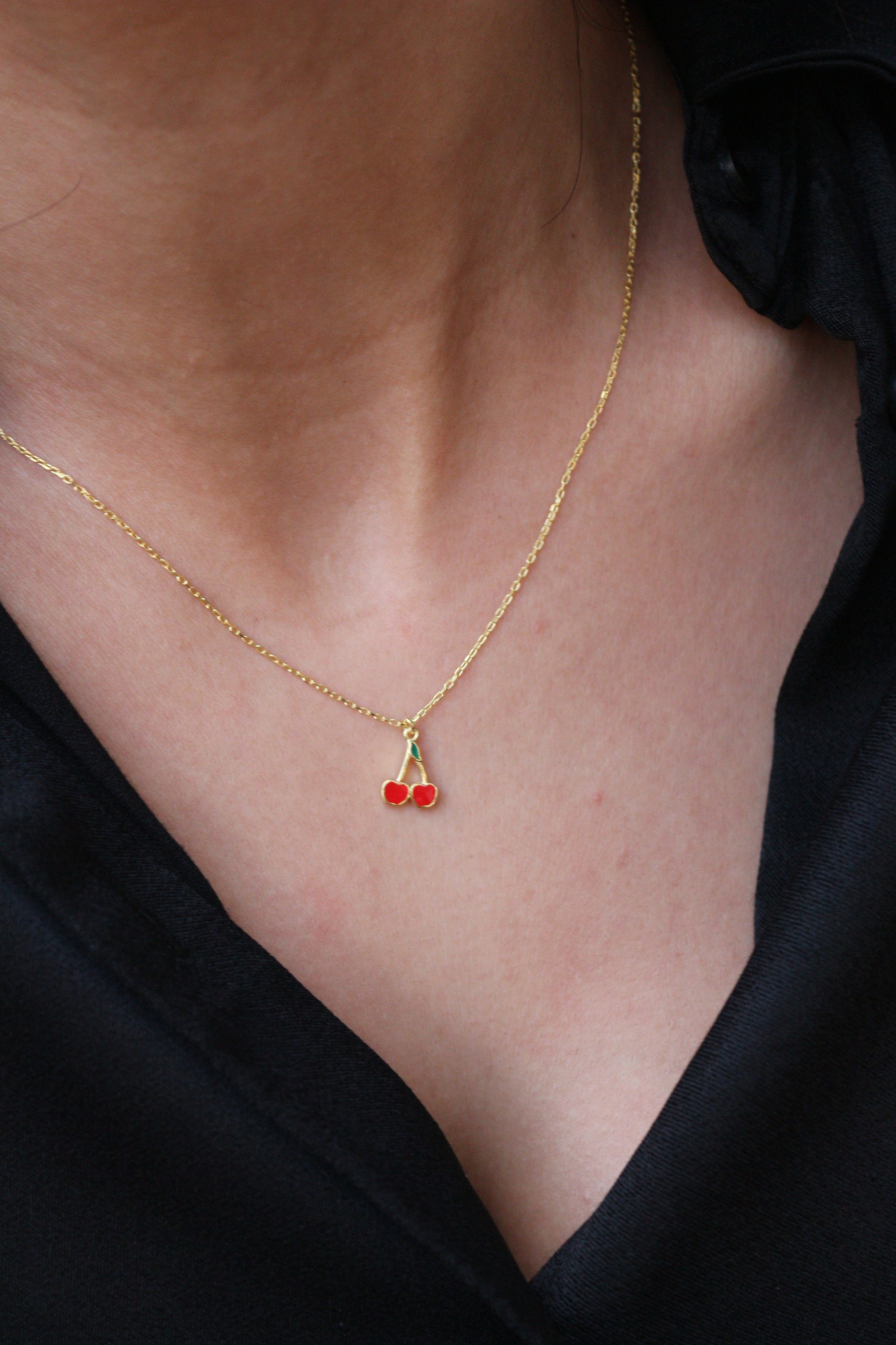 Cherry Necklace • 14K Gold Plated • Cherry Jewelry • Red