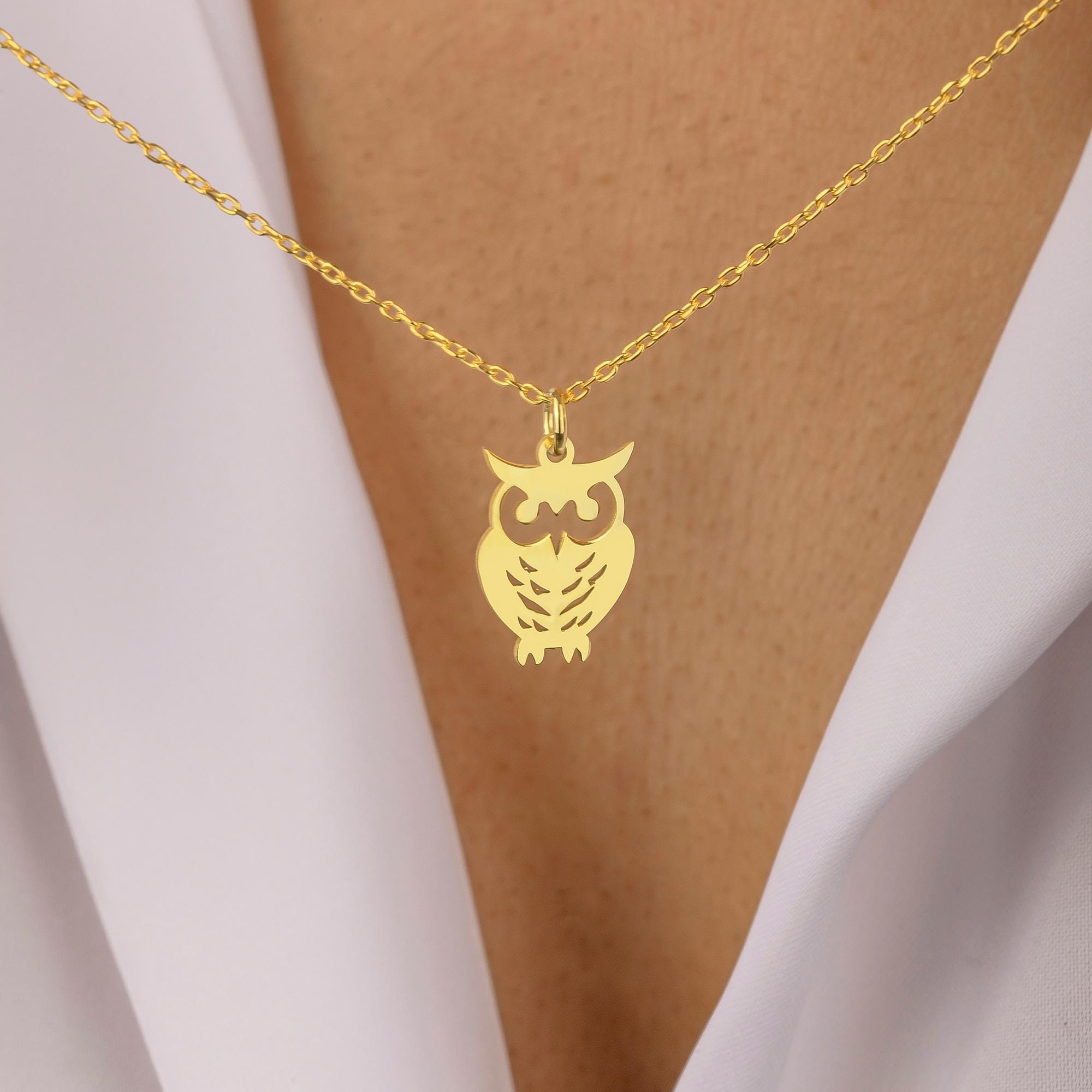 Collier hibou en plaqué or pendentif oiseau de nuit en argent