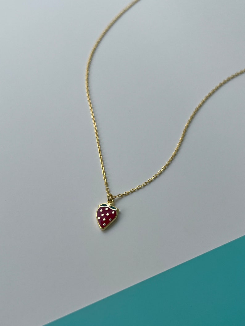 Strawberry Necklace 14K Gold Plated Strawberry Jewelry Strawberry Pendant Cute Jewelry Easter Gift Berry Necklace image 2