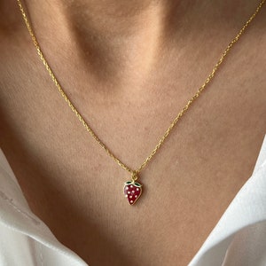 Strawberry Necklace 14K Gold Plated Strawberry Jewelry Strawberry Pendant Cute Jewelry Easter Gift Berry Necklace image 3