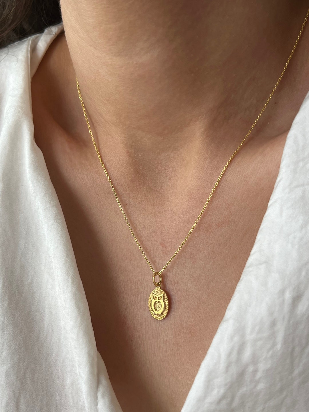 Collier chouette plaqué or 14 carats pendentif en argent - Main Image