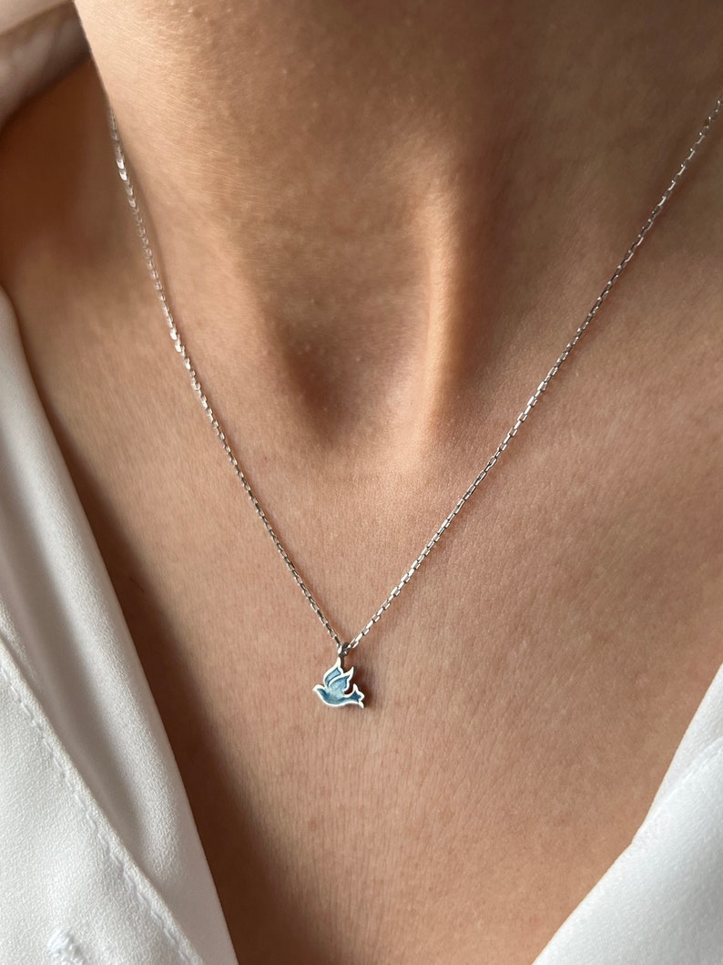 Bird Necklace 14K Gold Plated Blue Enamel Necklace 925 Silver Bird Pendant Cute Jewelry Blue Necklace Blue Bird Gift image 3