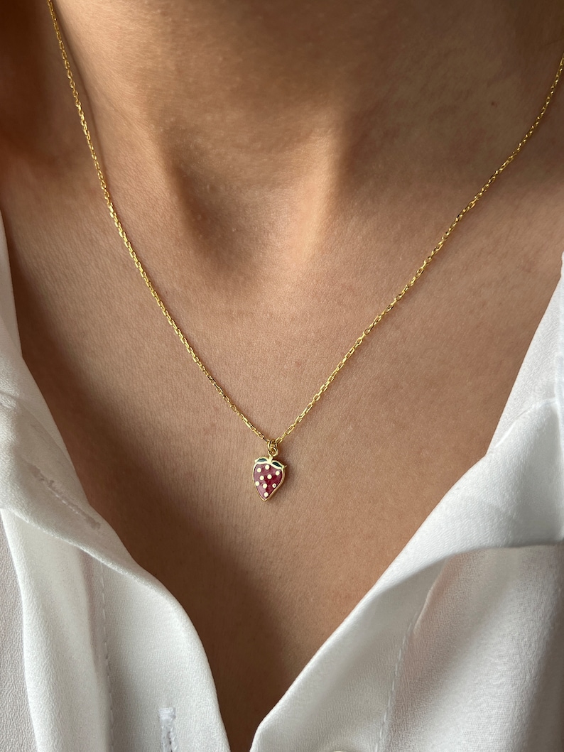 Strawberry Necklace 14K Gold Plated Strawberry Jewelry Strawberry Pendant Cute Jewelry Easter Gift Berry Necklace image 7