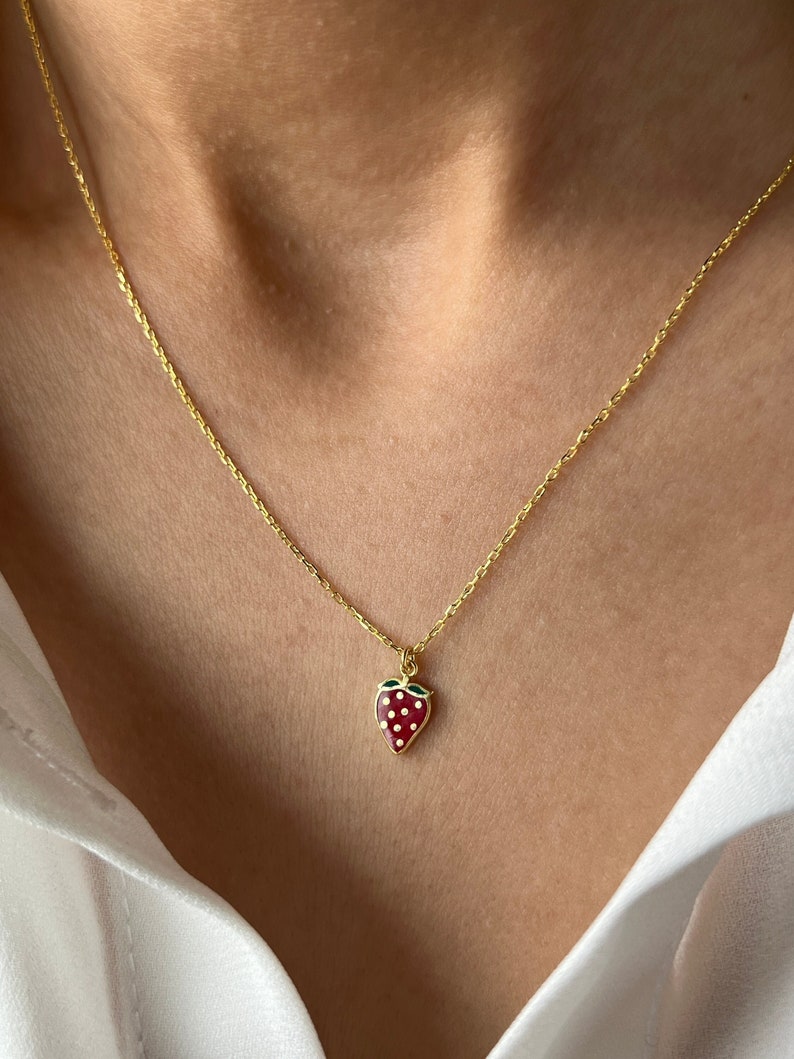 Strawberry Necklace 14K Gold Plated Strawberry Jewelry Strawberry Pendant Cute Jewelry Easter Gift Berry Necklace image 1