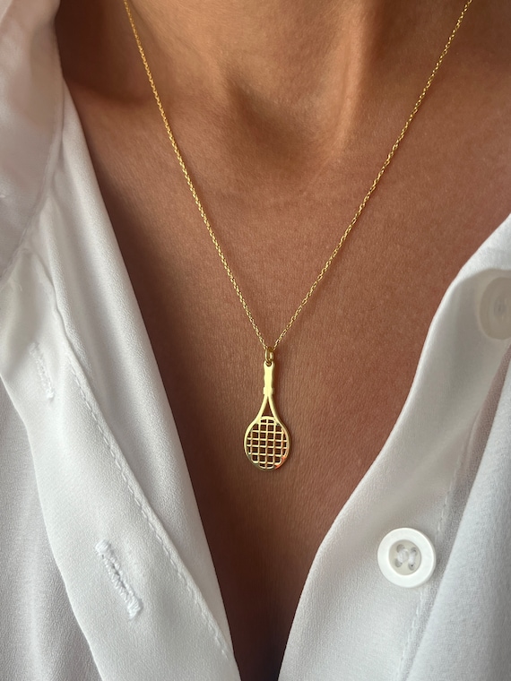Personalized 14k Yellow Gold Tennis Racquet Pendant - Custom Name Engraved Sports Charm Necklace