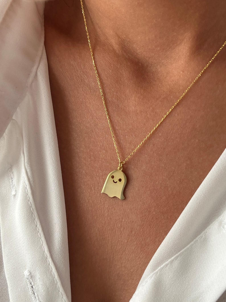 Ghost Necklace 14K Gold Plated Scary Pendant 925 Silver Halloween Jewelry Gift for Kids Minimalist Gift Stylish Jewelry image 7