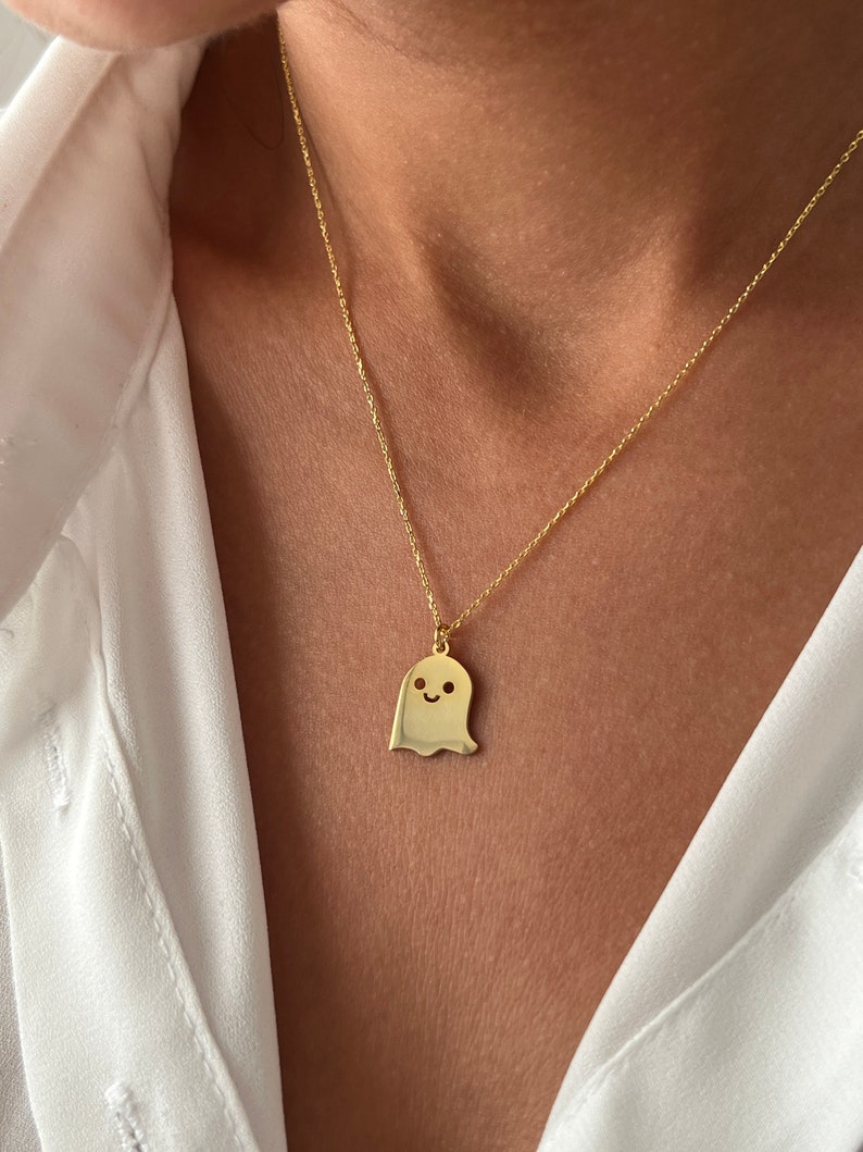 Ghost Necklace 14K Gold Plated Scary Pendant 925 Silver Halloween Jewelry Gift for Kids Minimalist Gift Stylish Jewelry image 5