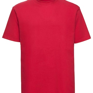 May include: A plain red t-shirt with short sleeves and a crew neck.