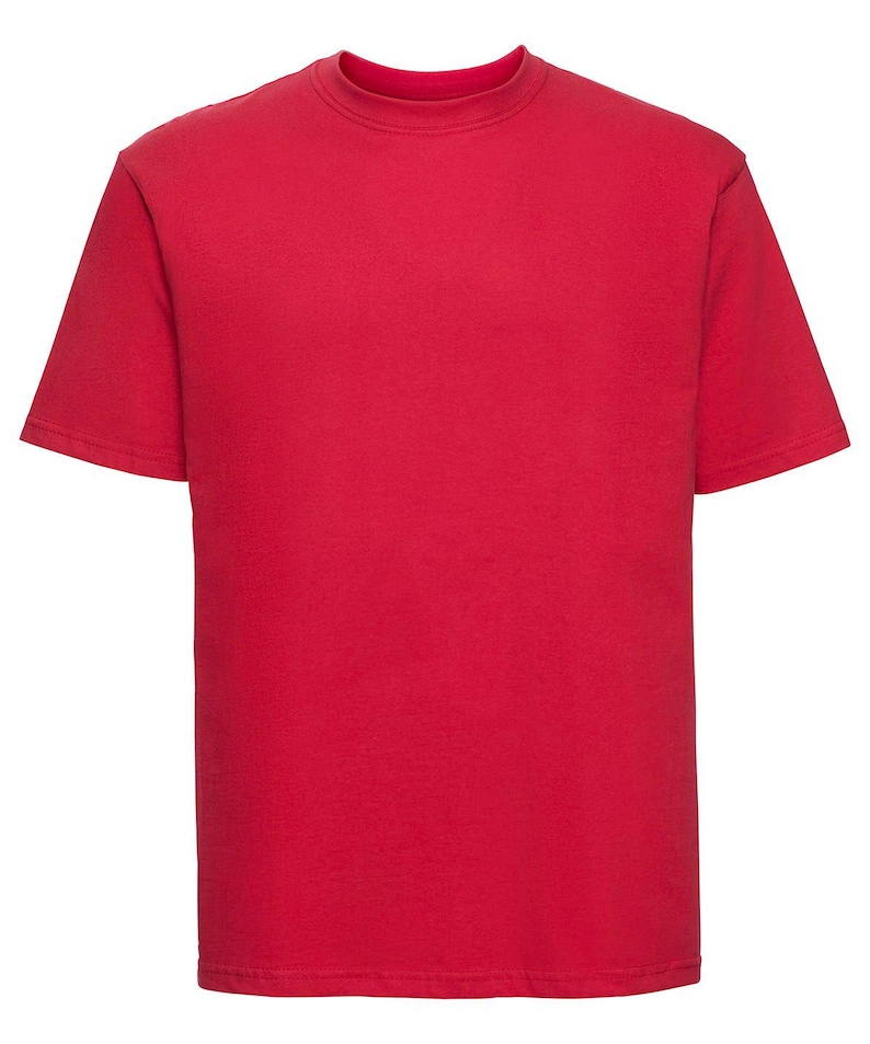 May include: A plain red t-shirt with short sleeves and a crew neck.