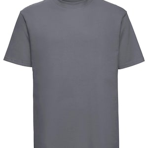 May include: A plain gray short-sleeved t-shirt.