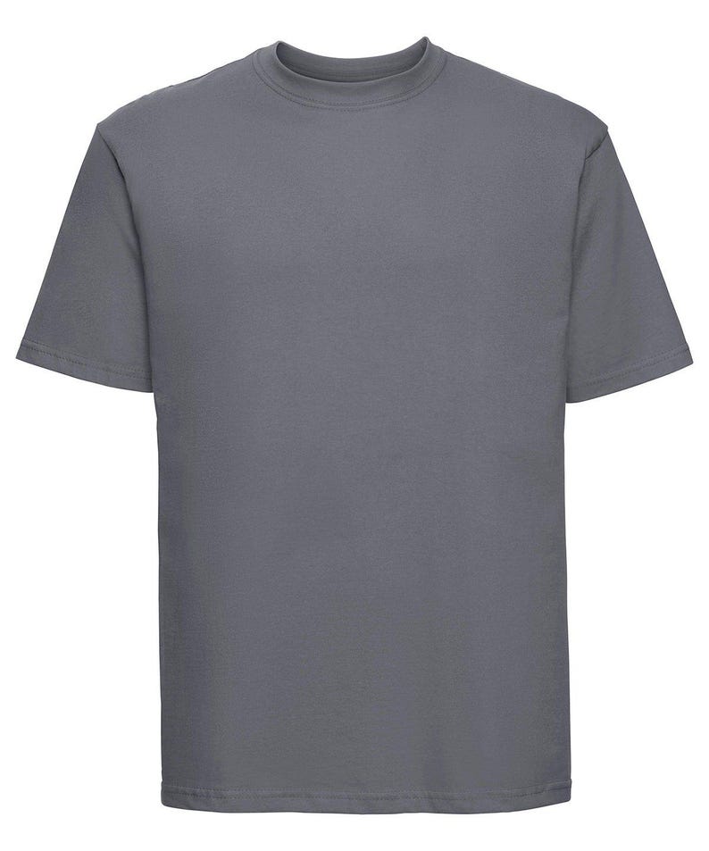 May include: A plain gray short-sleeved t-shirt.