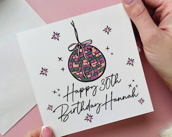 Tarjeta de cumpleaños número 30 personalizada con forma de bola de discoteca