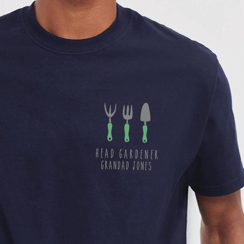 May include: A navy blue t-shirt with a graphic of three gardening tools and the text "Head Gardener Grandad Jones".
