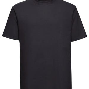 May include: A plain black t-shirt with short sleeves and a crew neck.