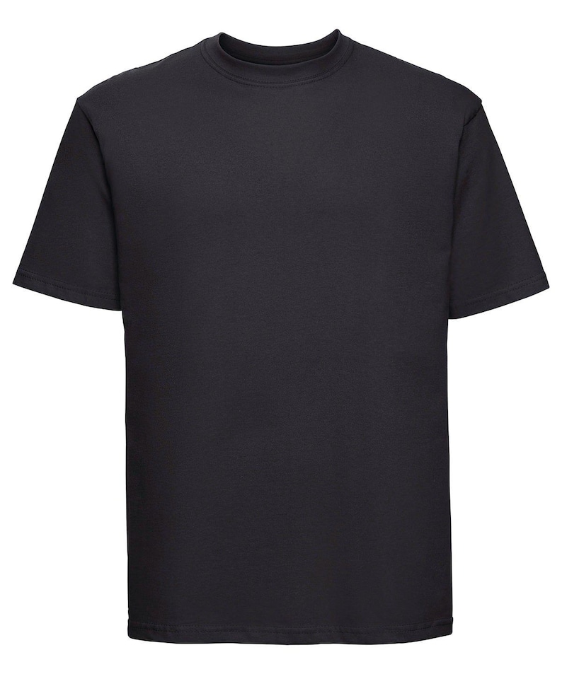 May include: A plain black t-shirt with short sleeves and a crew neck.