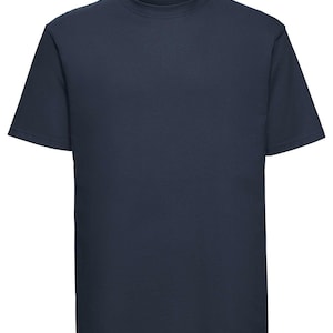 May include: A plain navy blue t-shirt with short sleeves and a crew neck.