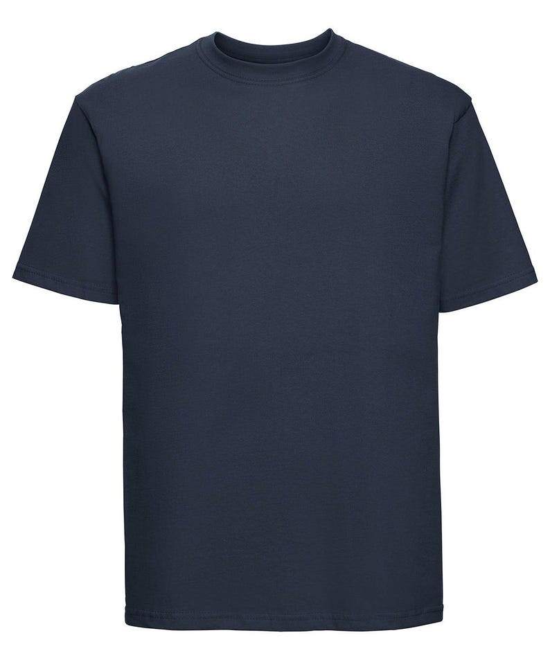 May include: A plain navy blue t-shirt with short sleeves and a crew neck.
