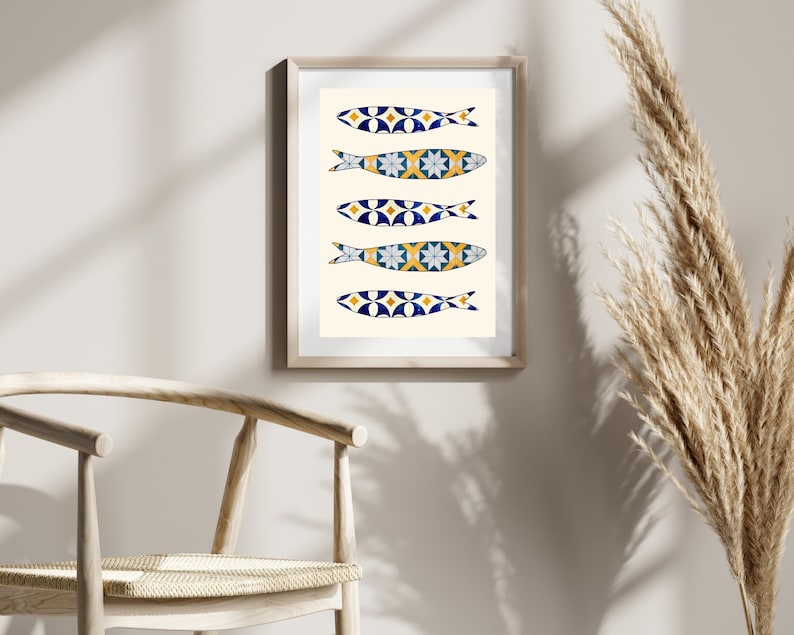 May include: A framed print of five colorful fish with a blue and white tiled pattern. The fish are arranged vertically in a row, with the tails pointing to the right. The background is a light cream color.