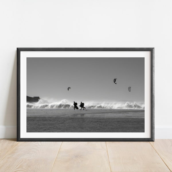 Black and white surf photography print, kite surfing wall art, Kitesurf art print, Surfing photo print, Coastal wall art, Ocean photography