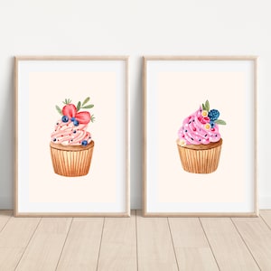 Watercolor cupcake wall art print, Colorful cupcake painting, Nursery cupcake art print, Baking Kitchen art, Watercolor dessert wall art