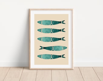 Portugal sardine print, Portuguese sardine wall art, Green sardine art, Portuguese decor print, Portugal tile art, Modern kitchen art print