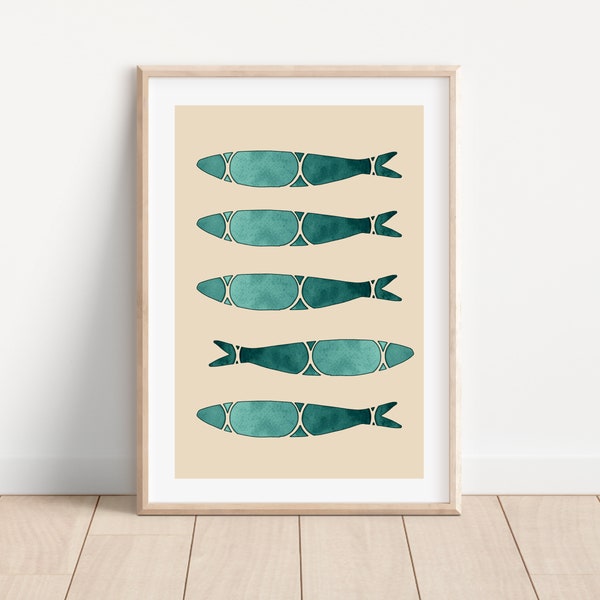 Portugal sardine print, Portuguese sardine wall art, Green sardine art, Portuguese decor print, Portugal tile art, Modern kitchen art print