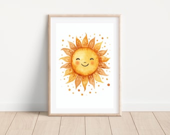 Watercolor boho sun print, Nursery sun wall art, Sun playroom decor, Sun nursery printable, Watercolor sun poster, Boho sunshine art print