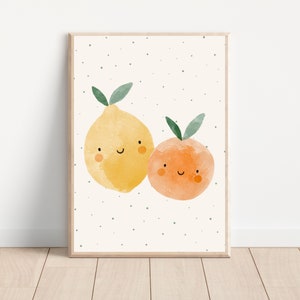 May include: A watercolour illustration of a lemon and an orange with smiling faces on a white background with green polka dots.