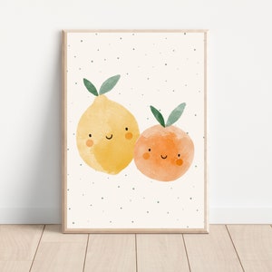 Cute lemon and orange fruit nursery wall art, Watercolor citrus fruit nursery wall decor, Printable nursery fruit art, Cute fruit poster