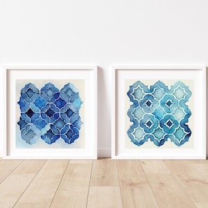 Moroccan tile print Moroccan printable wall art Watercolor tile artwork Moroccan tile art Tile home decor Blue tile print Moroccan print
