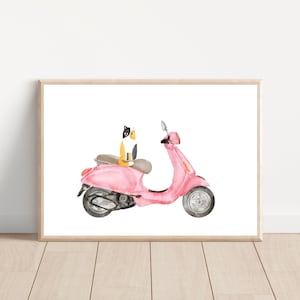 Impresión de arte de pared de gato de acuarela en scooter, arte de pared imprimible de vespa italiana rosa, decoración de pared de scooter Vespa, impresión de arte de gato en vespa