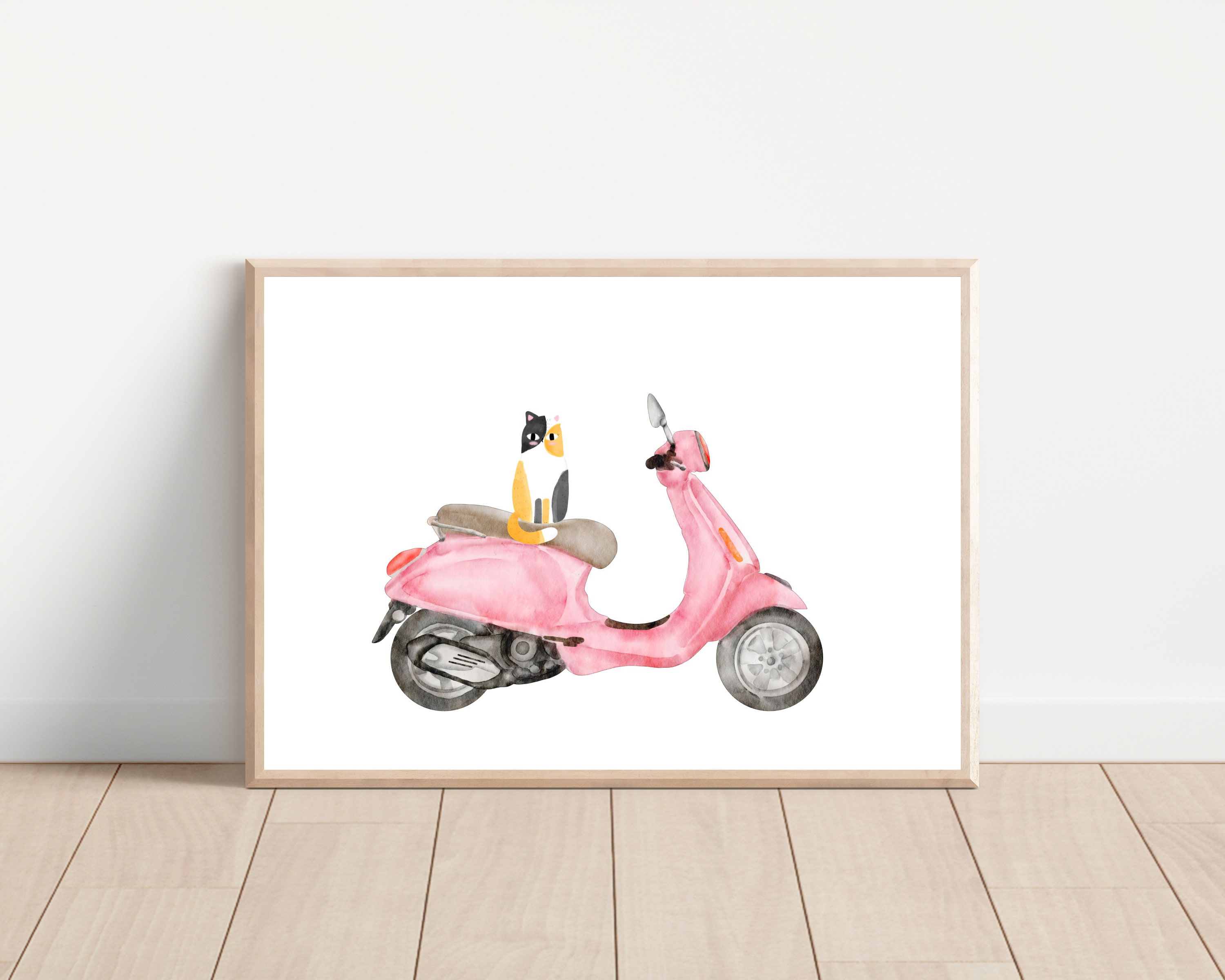 Watercolor cat on scooter wall art print, Pink italian vespa scooter printable wall art, Vespa scooter wall decor, Cat on vespa art print