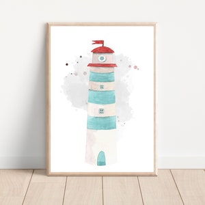 Light blue watercolor nursery lighthouse print, Coastal printable nursery wall art, Nautical themed nursery wall decor, Baby boy room decor