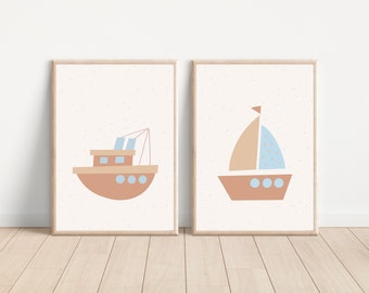 Boho nursery sailing boat wall art print, Summer nautical boy nursery room decor, Coastal nursery printable art, Ocean theme nursery decor