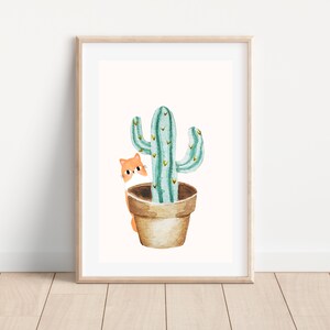 Boho cat and house plant art print, Cactus plant wall art, Boho botanical wall art, Watercolor house plant poster, Cat printable wall art