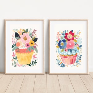 Floral cupcake print set Boho cupcake wall art Watercolor Cupcake art Printable cupcake wall art Baking printable Cupcake poster Muffin art