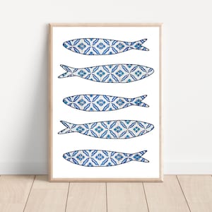 Blauwe Portugese sardines tegel muur kunst print, Portugal sardile tegel wand decor, mediterrane blauwe tegel kunst aan de muur, afdrukbare sardine tegel kunst