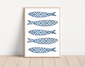 Blue portuguese sardines tile wall art print, Portugal sardile tile wall decor, Mediterranean blue tile wall art, Printable sardine tile art
