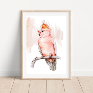 Watercolor cockatoo print, Pink cockatoo art print, Printable cockatoo bird wall art, Tropical bird art print, Cockatoo digital illustration