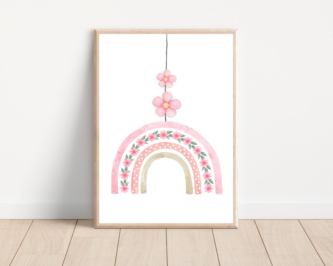 Pink Floral Rainbow for Baby Girl Nursery Wall Art Print, Pink Rainbow ...