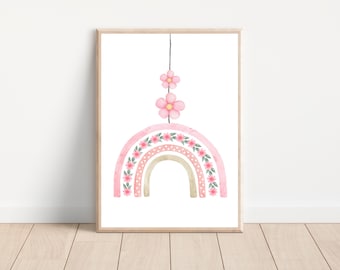 Arco iris floral rosa para la impresión del arte de la pared de la guardería de la niña, decoración de la pared del vivero del arco iris rosa y las flores, cartel del arco iris del vivero rosa imprimible